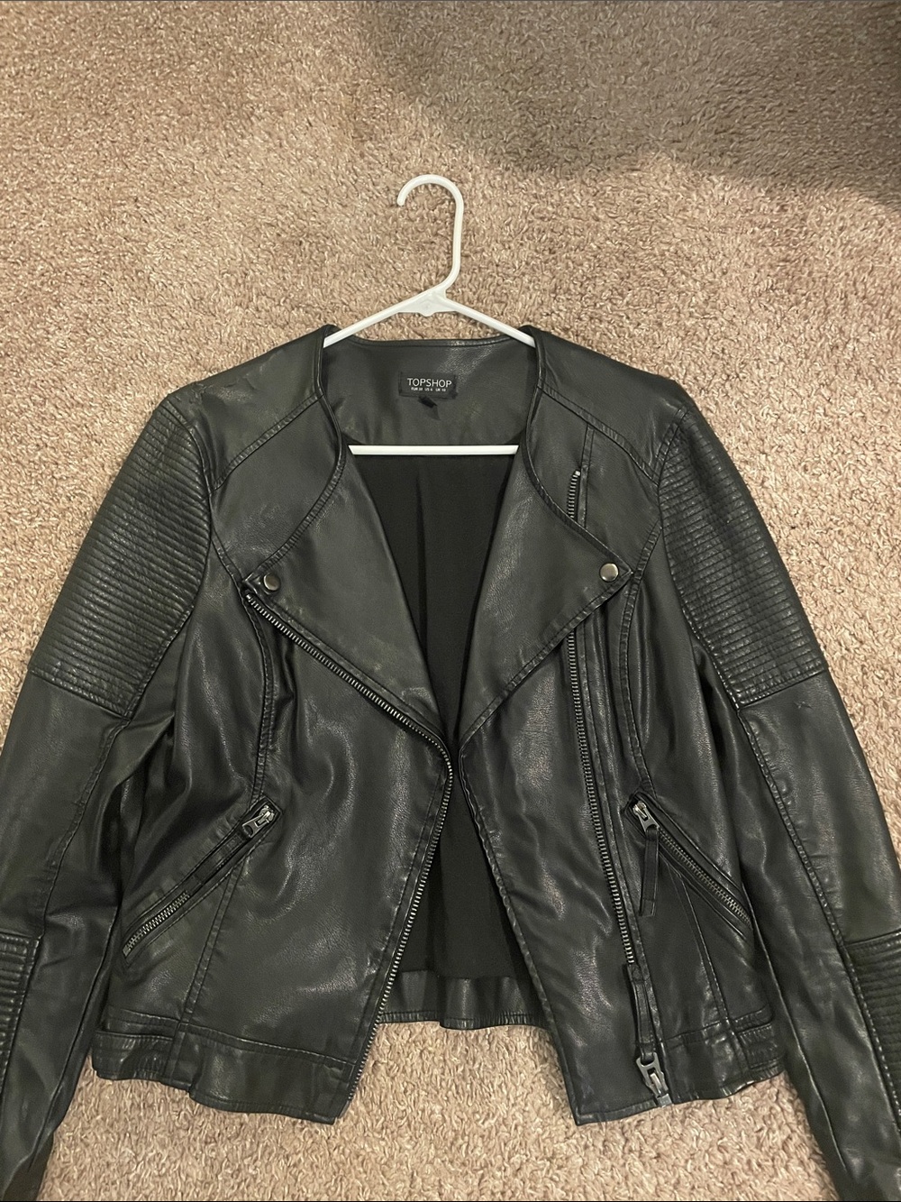 Topshop Black Faux Leather Quilted-Sleeve Moto Jacket
